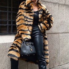 Plus Size Winter Women Faux Fur Tiger Print Luxury Coats Loose Fahion OverCoat