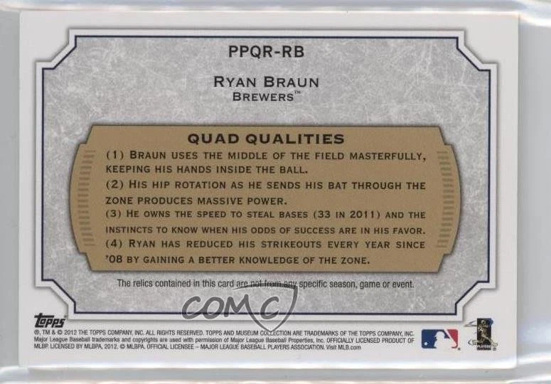2012 Museum Collection Primary Pieces Quad Relics Gold 10/25 Ryan Braun q3x - Image 2 of 3