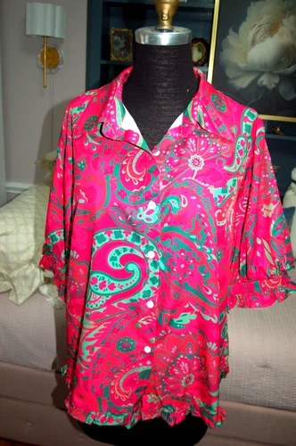 Shein Curve Blouse Shirt Top Women's Fuchsia Green Short Sleeve Button Up Sz 0XL