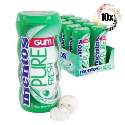 Full Box 10x Bottles Mentos Pure Fresh Spearmint Gum | 15 Pieces Each | 1.06oz