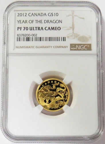 2012 GOLD CANADA $10 LUNAR YEAR OF THE DRAGON 1/4 OZ NGC PROOF 70 ULTRA CAMEO