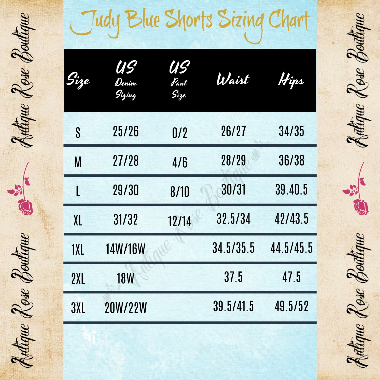 judy blue size chart