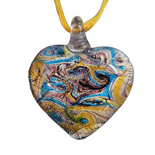 Handcrafted Art Glass Necklace Heart Pendant Blue Paisley 2 x 1.75 No Chain NEW