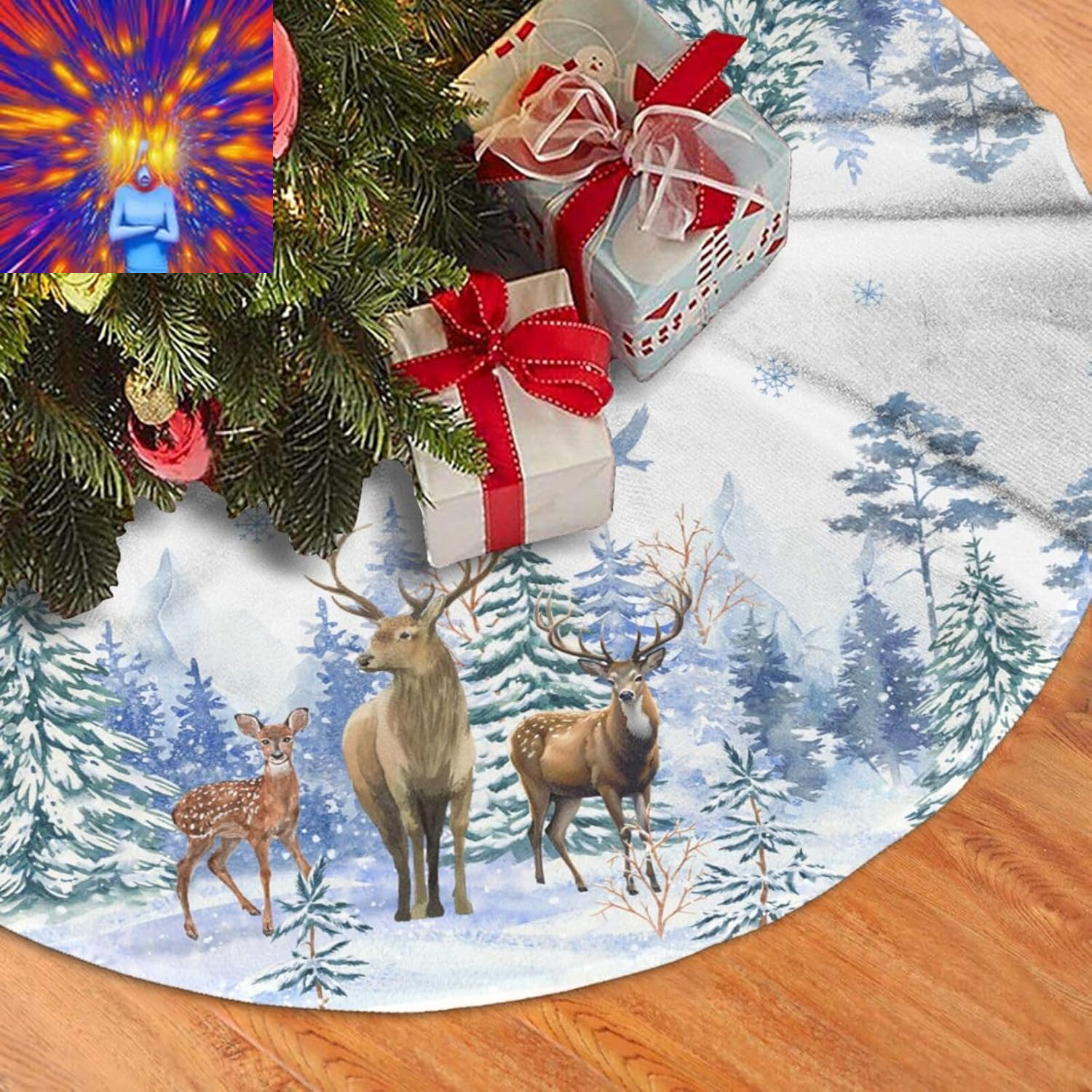Reindeer Snowflake Christmas Tree Skirt Funny Tree Mat for Farmhouse Xmas Holida