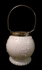 VINTAGE MILK GLASS TEALIGHT/VOTIVE HOLDER with SILVER METAL TRIM and HANDLE