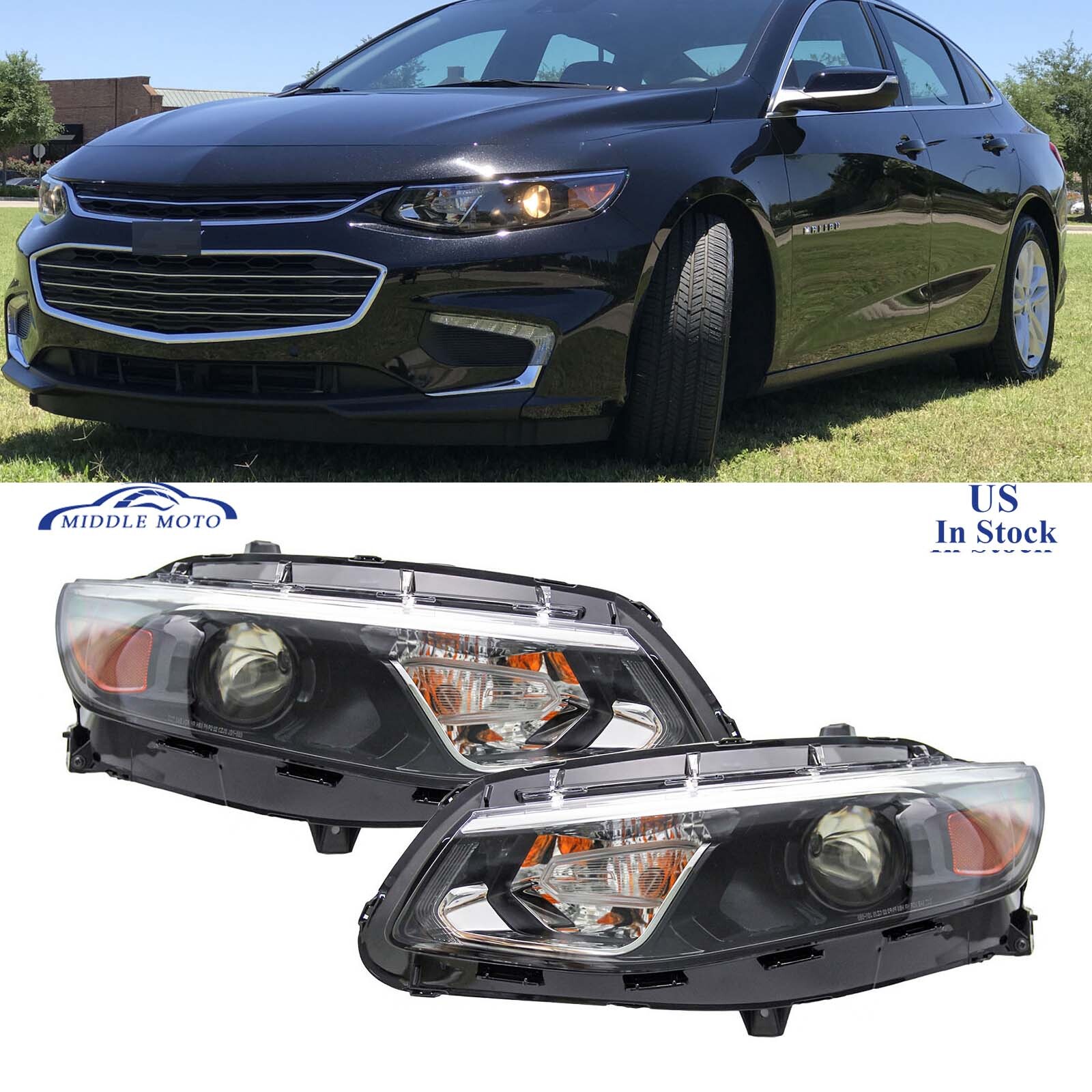 Pair Headlights Headlamps Assembly w/Bulbs for Chevy Malibu 2016 2017 2018