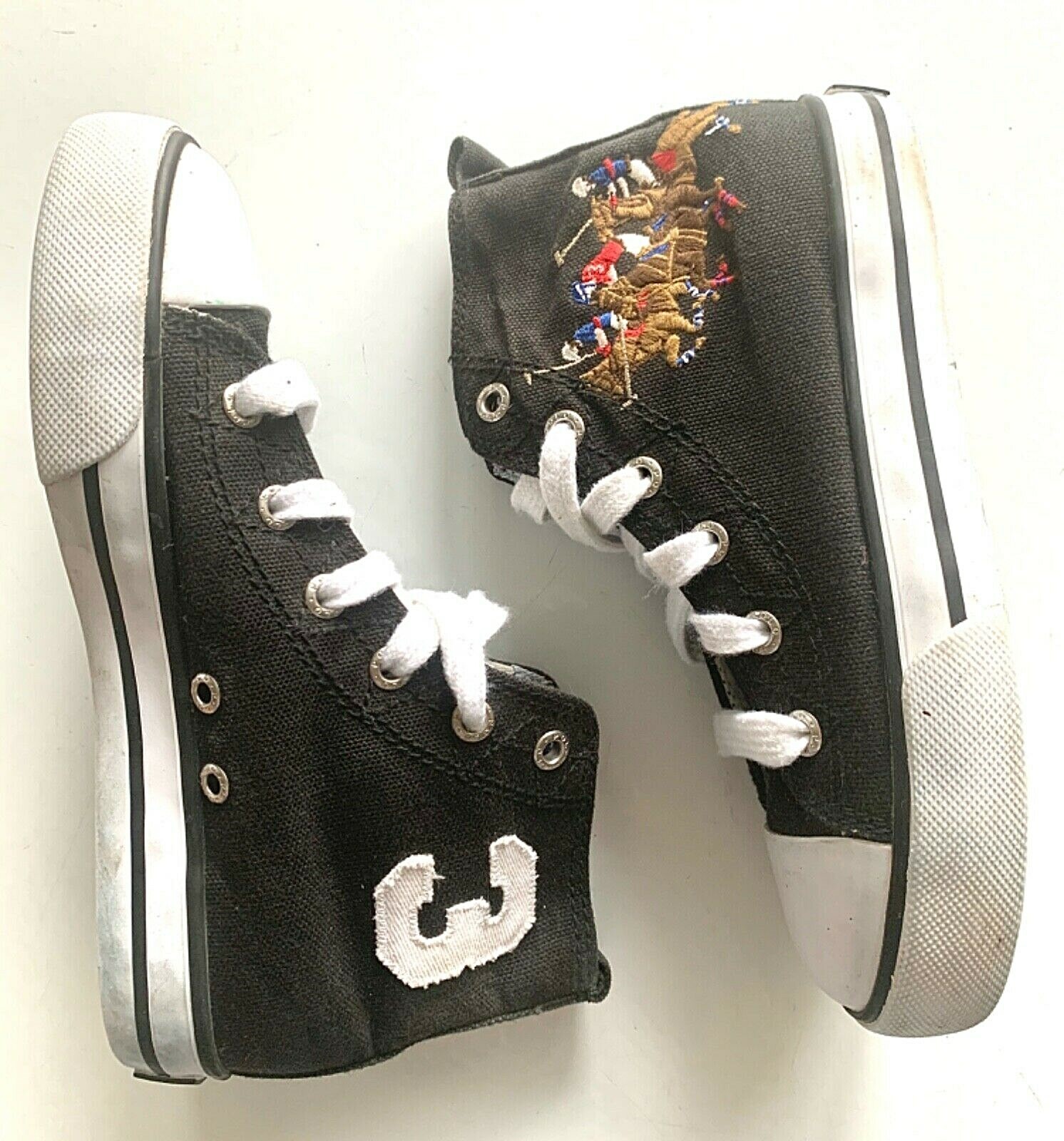 RALPH LAUREN POLO Sneakers Kids 12 BIG PONY Black Canvas Hi High Tops Shoes EUC