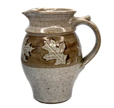 Signed Stoneware Studio Art Pottery Oak Leaf Pitcher Lynn Brody 7.5" Tall