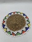 Vintage Colorful Beaded Folk Art Handmade Woven Trivet Round Mat 7”