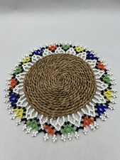 Vintage Colorful Beaded Folk Art Tribal Handmade Woven Trivet Round Mat 7”