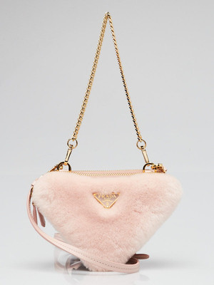 Prada Orchidea Shearling/Saffiano Leather Triangle Mini Pouch Crossbody Clutc...