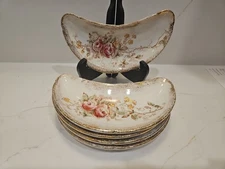 ROSE BLOSSOMS CRESENT BONE DISH  Floral Pattern Gold Trim  6.5" 