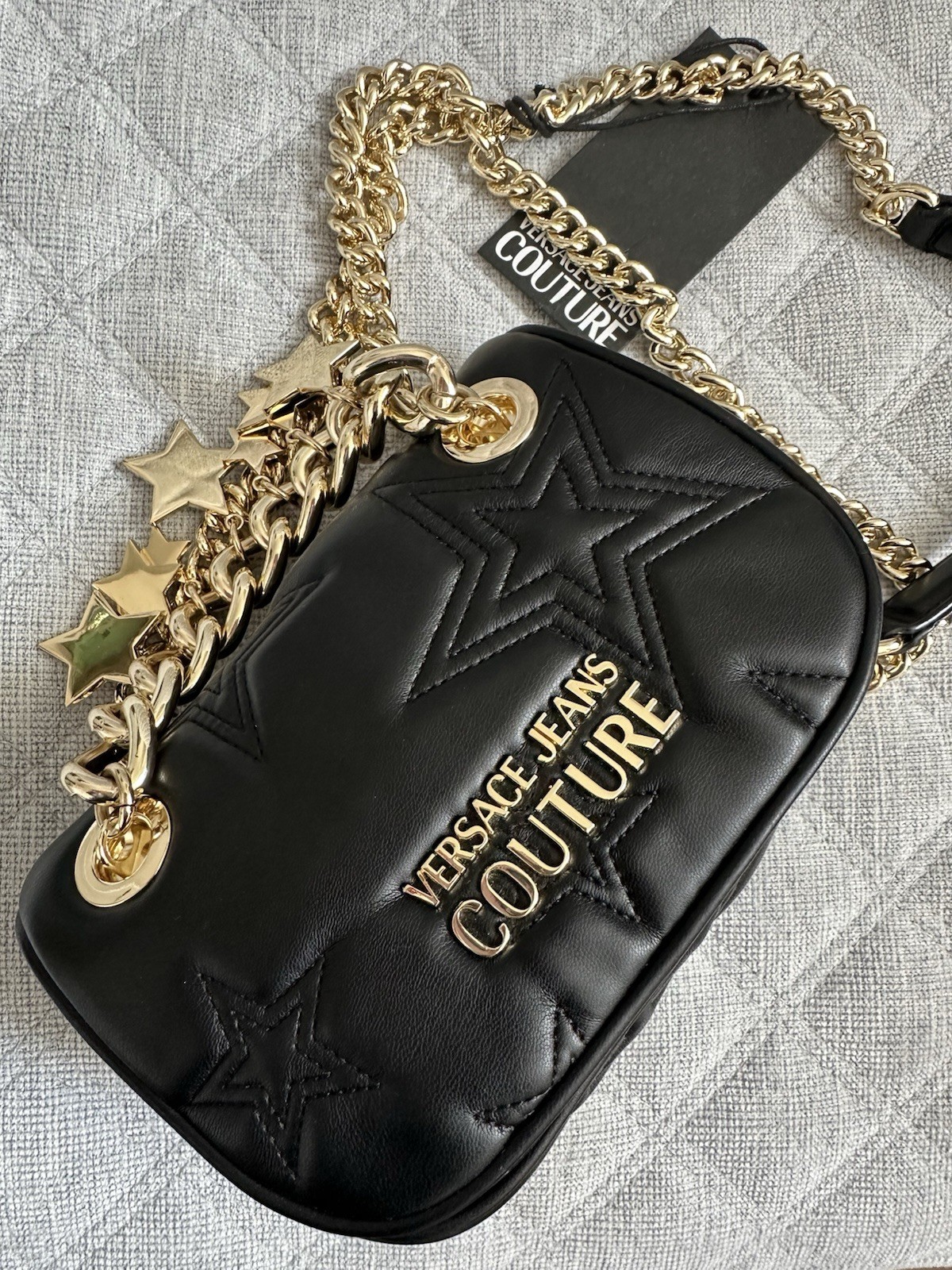 NWT Versace Jeans Couture crossbody Bag black Stars Quilted Charms Gold Chain thumbnail 5