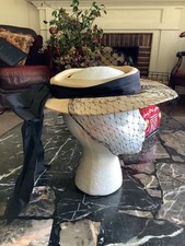 Vintage HimelHocks Of Detroit Raffia Straw Open Top Hat With Veil And Large Bow