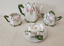 VINTAGE GERMAN PARTIAL CHILD'S PORCELAIN TEA SET, PINK GALANTHUS SNOWDROPS 