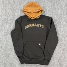 Carhartt Hoodie Mens Small Black Brown Loose Fit Fleece Pullover Logo Sweatshirt