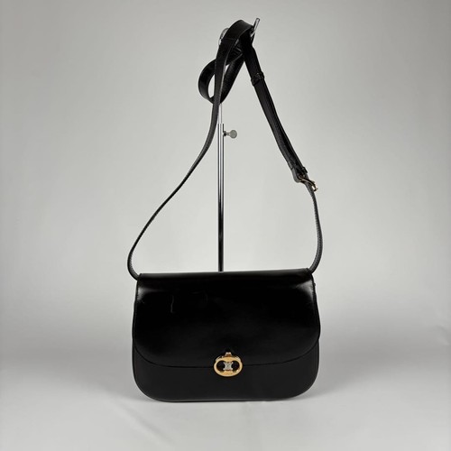 Vintage CELINE Leather Triomphe Logo Shoulder Crossbody Bag Black