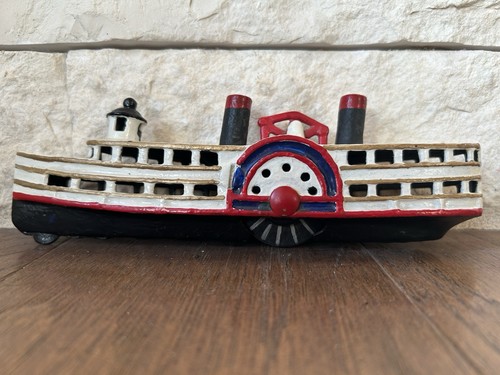 Vtg Cast Iron River Boat Steamship Paddle Wheeler Ship Toy Coin Bank 7.5"