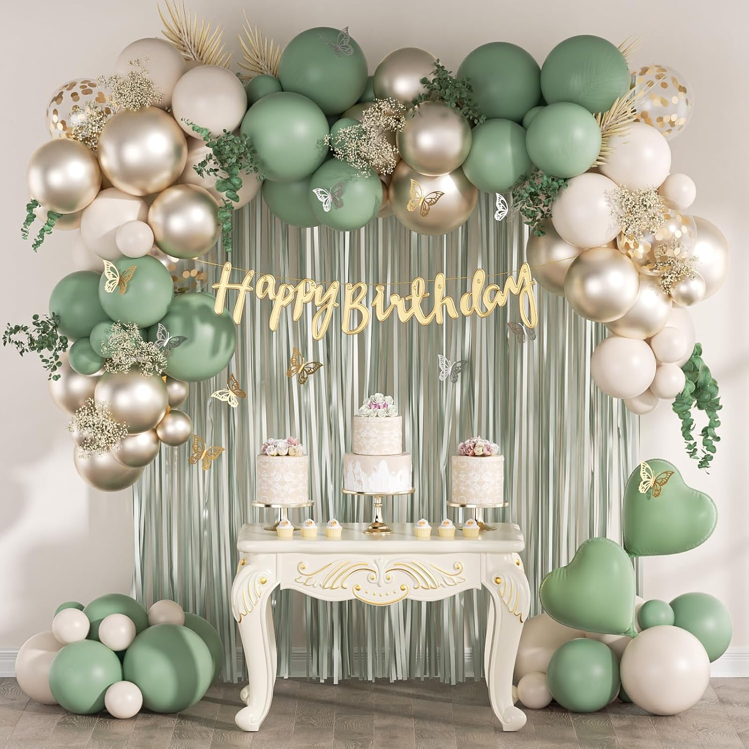 Sage Green Birthday Party Decorations Kit with Happy Birthday Banner and Green Fringe