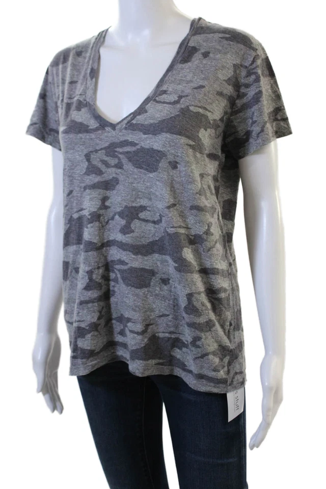 Monrow Womens V Neck Camo Jersey T Shirt Short Sleeve Dark Gray Size M - Image 2 of 4