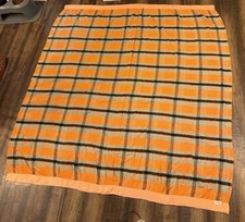 Vtg Chatham Virgin Wool Blend Blanket Orange Coral Plaid Satin Trim 80x75 USA