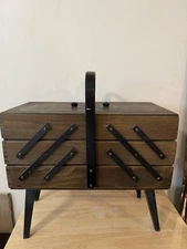 Vintage Sewing Box Wood 3 Tier Accordion w/ Legs Dovetailed Basket Clean