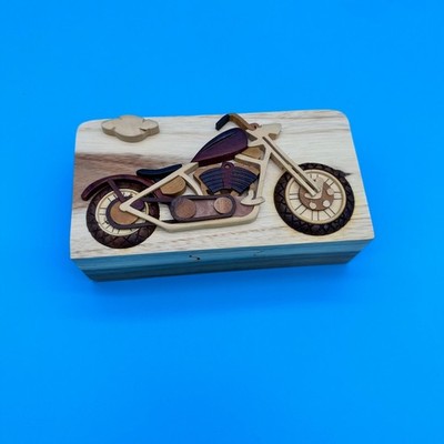 Carver Dans Handcrafted Wooden Motorcycle Intarsia Puzzle Secret Stash Box