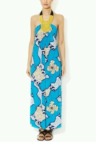 NEW T-Bags Los Angeles Maxi Dress with Beaded Bib Yoke Jersey medium blue Halter