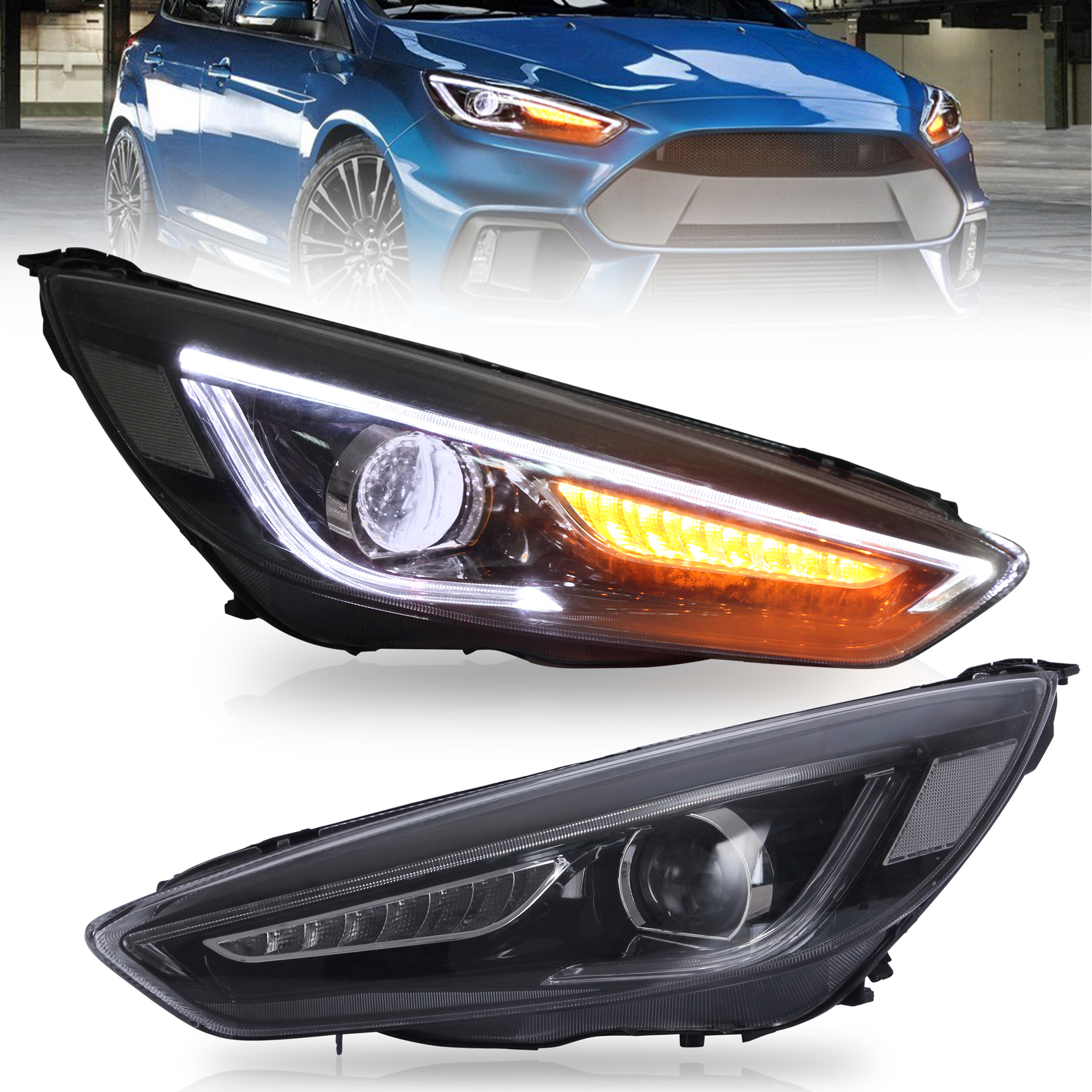 VLAND Black Projector LED Headlights For 2015-2018 Ford Focus W/Sequential