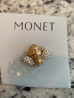 Vintage Signed Monet Bee Pin Features Diamond Citrine And Clear Rhinestones 