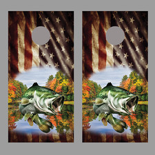 Aged American Flag Jumping Bass Fish Design A Cornhole Board Decal Wraps