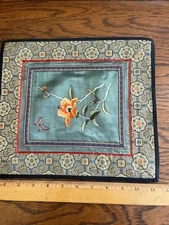 VINTAGE CHINA SILK EMBROIDERED PANEL FLORAL  BUTTERFLY SQUARE  (H)