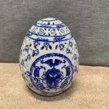 Bombay Co. Porcelain Egg Luminary Floral Cobalt Blue & White Reticulated Vintage
