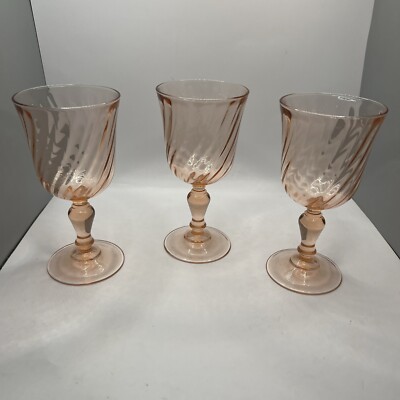 Set Of 3 Luminarc France Pink Swirl Optic ''Rosaline'' Wine Glasses