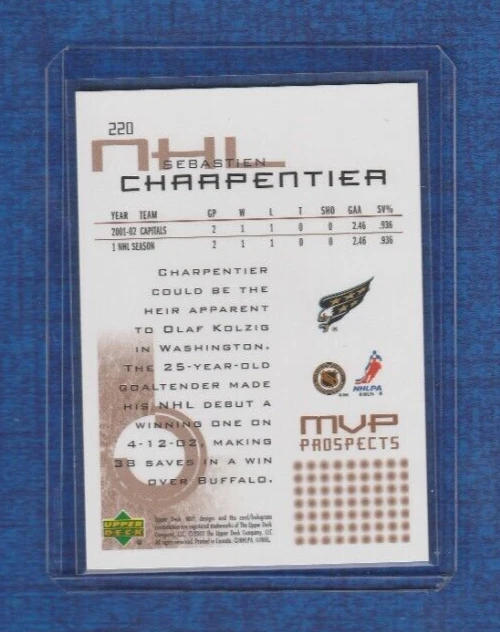 2002-03 Upper Deck MVP Hockey Prospects Rookie # 220 Sebastien Charpentier - Image 2 of 2