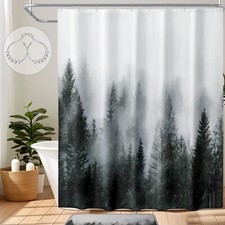 Green forest shower curtain nature tree fog decor with hooks waterproof 72x72