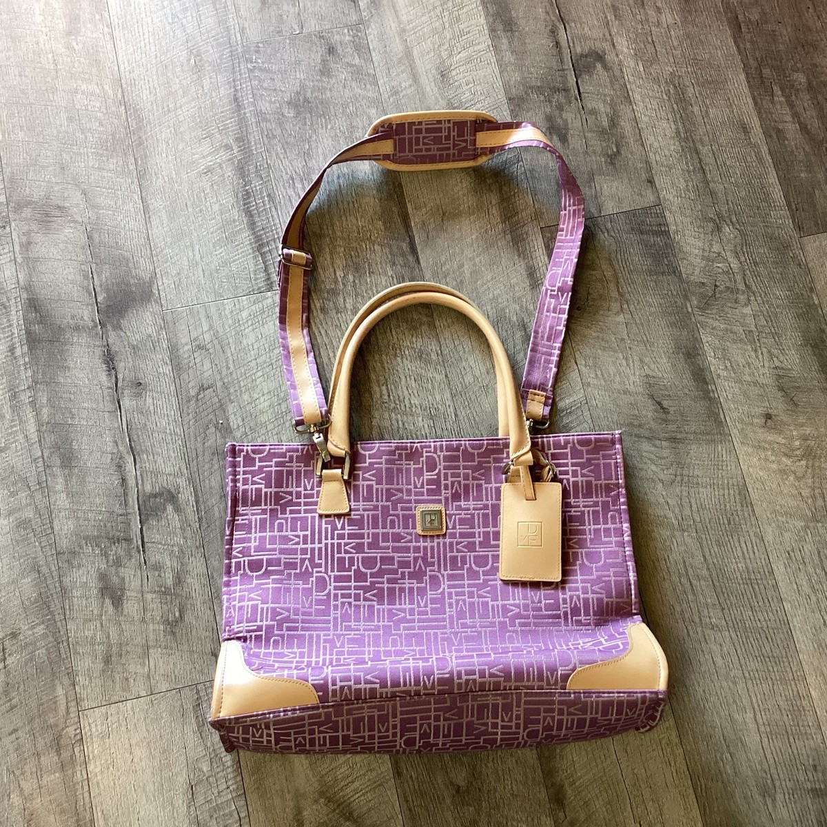 DVF Purple Travel Laptop Shopping Shoulder Tote Brown Trim