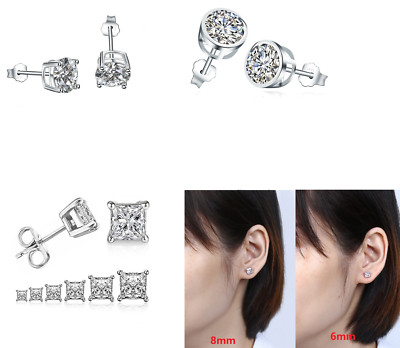 Sterling Silver Princess Diamonique CZ Basket Round Square Stud Earrings PE20