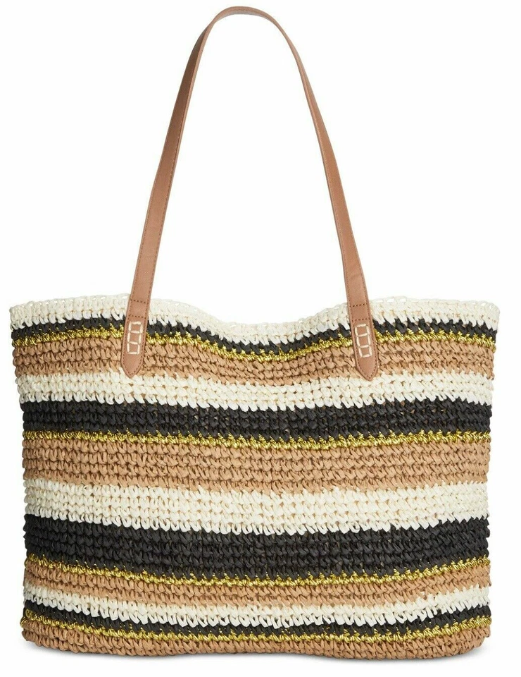 💯INC Tropical Straw Tote Large Beach Shoulder Bag - Beige or Blue - $39.5