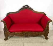 ANTICO DIVANO A BARCA LEGNO NOCE DECORO EPOCA '800 STOFFA ROSSA SOFA 2 POSTI OLD