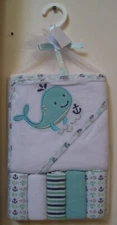 Boys or Girls 6 Pc Whale Anchors Solid Hooded Bath Towel and 5 Washcloths 