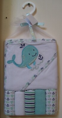 Boys or Girls 6 Pc Whale Anchors Solid Hooded Bath Towel and 5 Washcloths 