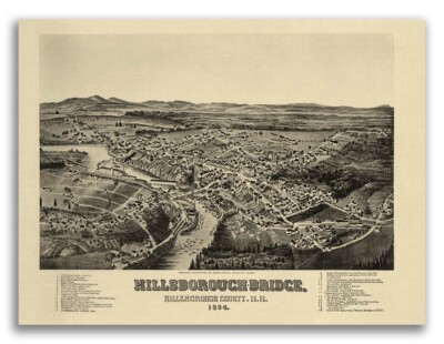 1884 Hillsborough-Bridge New Hampshire Vintage Old Panoramic City Map - 18x24