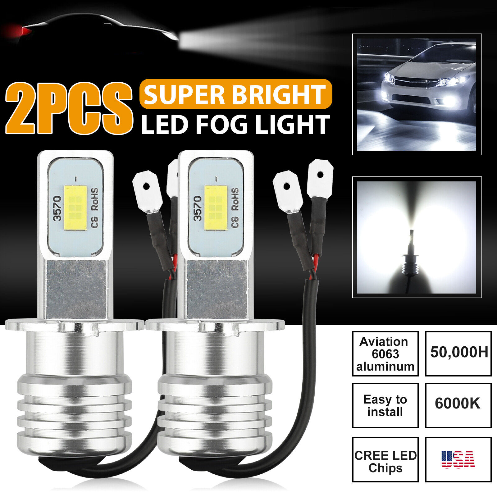 Al borde libro de texto horizonte 2x H3 CREE LED Fog Driving Light Bulb Conversion Kit DRL Lamp 6000K Bright  White | eBay