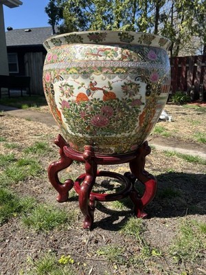 Large Chinese Koi Fish Bowl Planter with 12  Stand Rose Famille Porcelain Gold