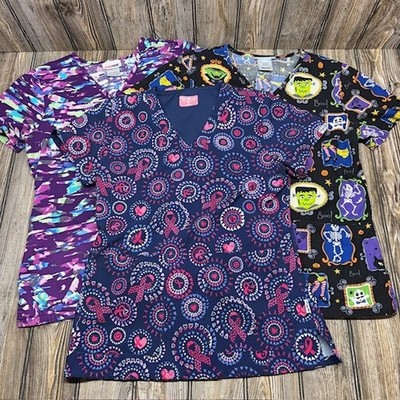 Lot of 3 Women's XS Scrub Tops Bundle, Halloween, Breast Cancer, Ava Therese