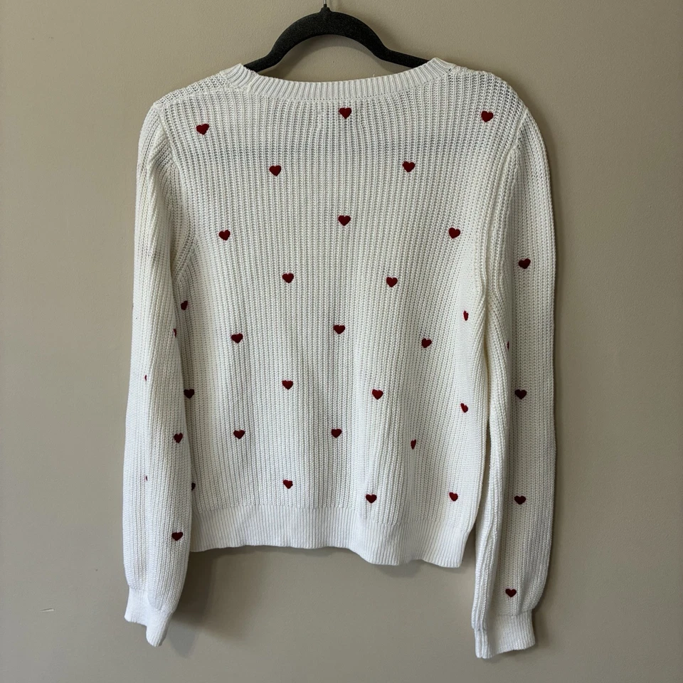 Lucky Brand Womens Ribbed Knitted White Sweater W/ Red Hearts Embroidered Medium - Image 2 of 4