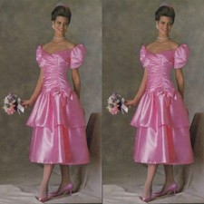 Pink Satin Victorian Wedding Dress Vintage Strapless Bubble Short Sleeve Pleated