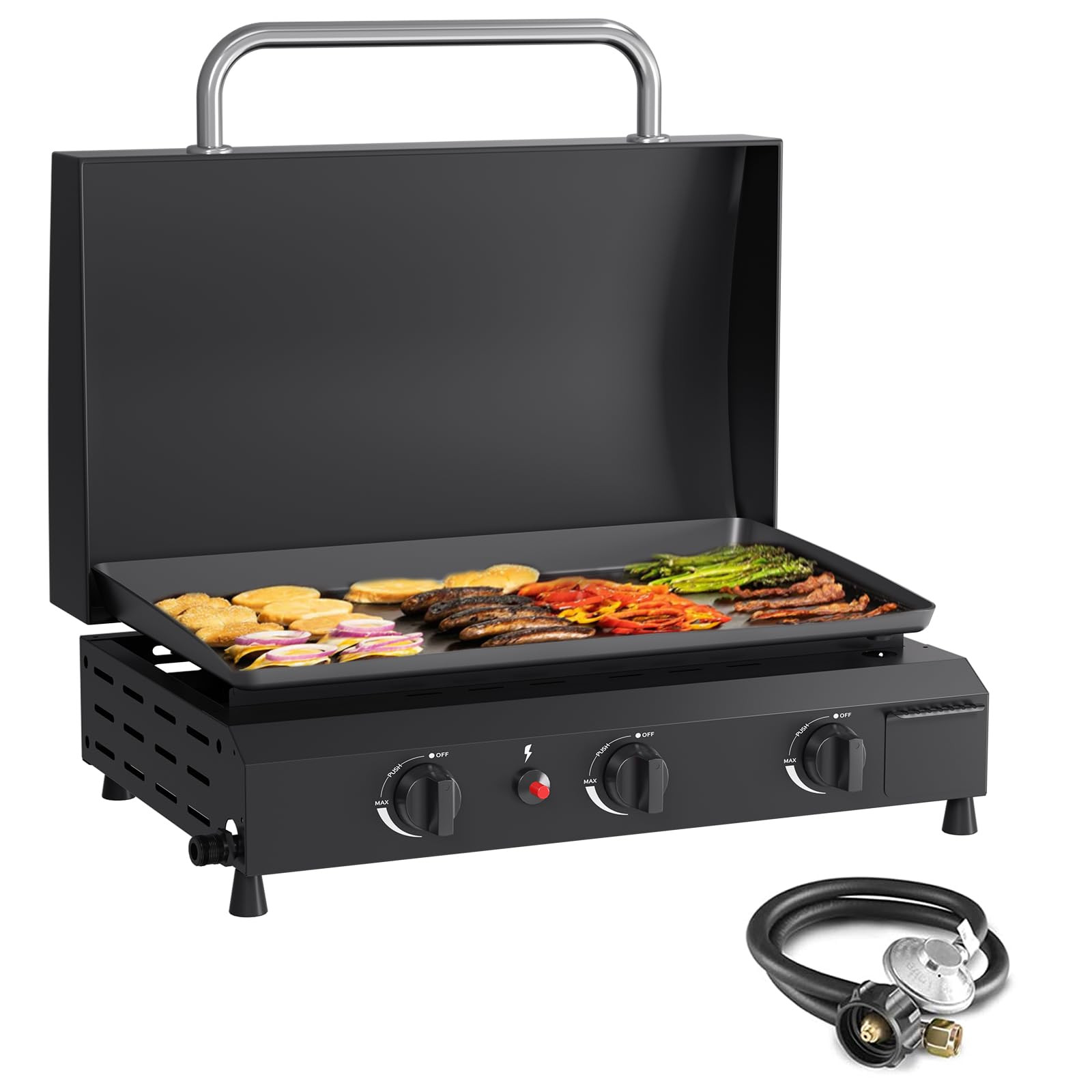 3 Burner Gas Griddle with Hood- 23.3 Inch Outdoor Propane Griddle-45000 BTU P...