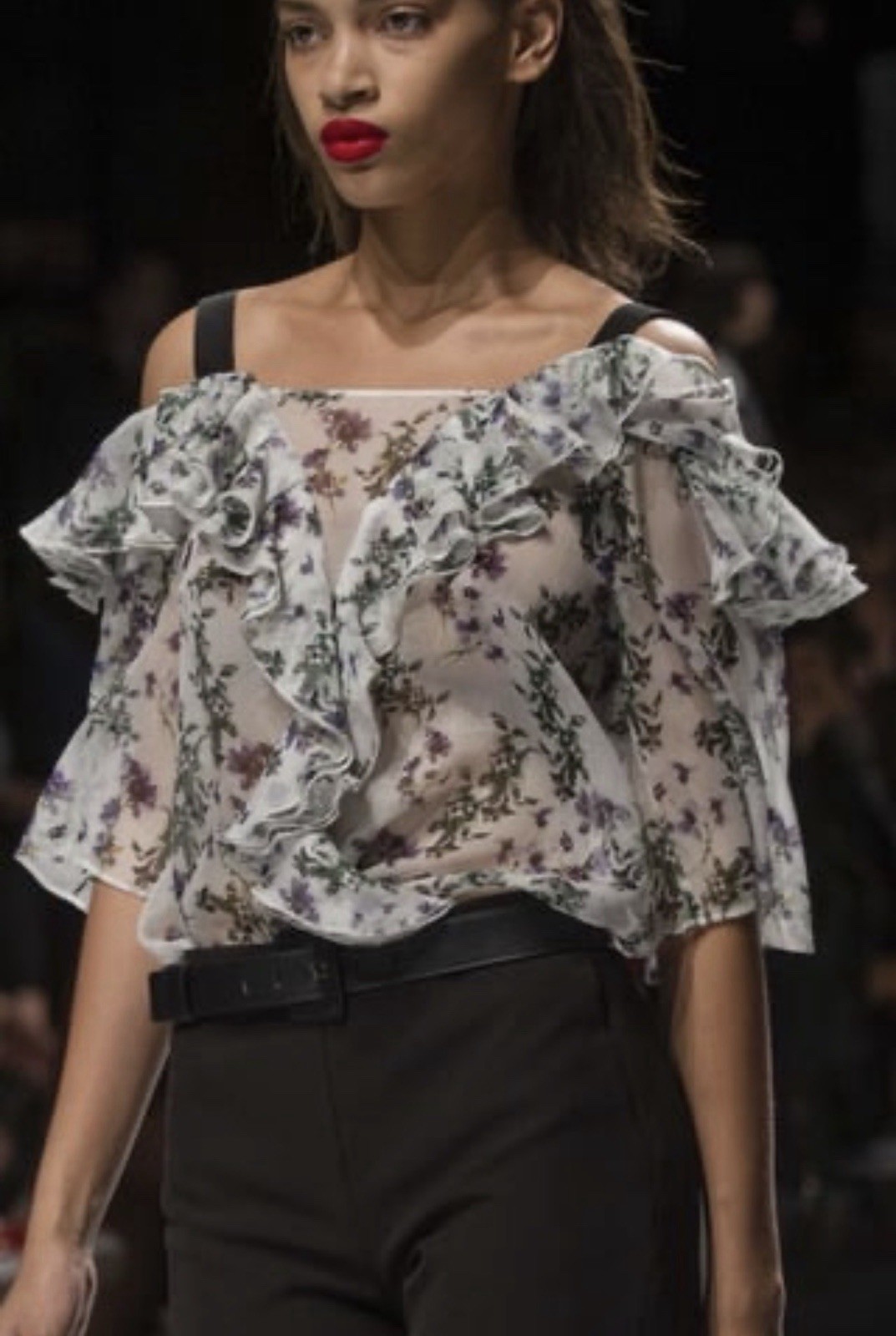 BLUMARINE Runway 2018 Silk Floral Ruffle Sheer Top Off Shoulder Size IT 44 M